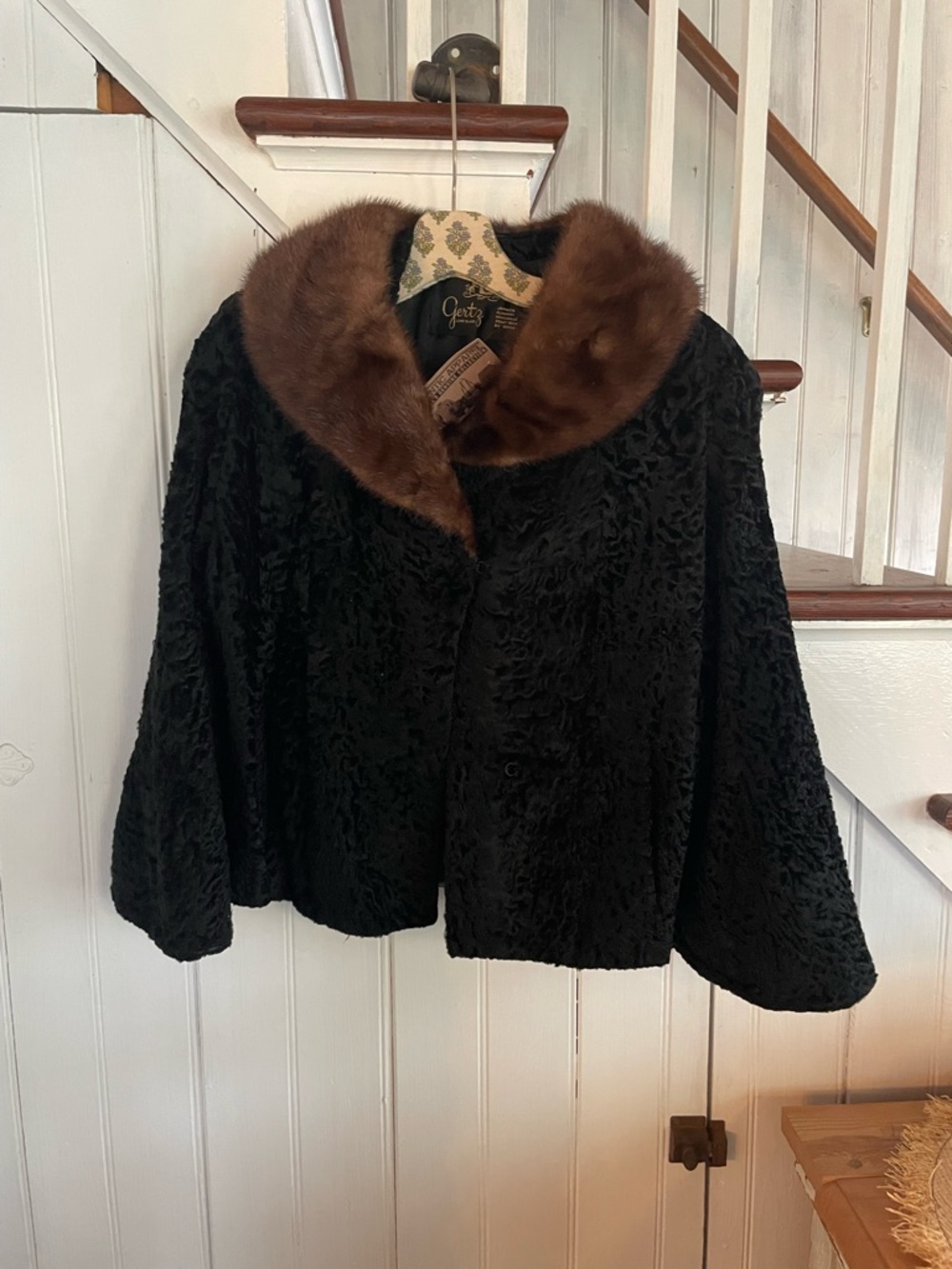 Vintage Black Fur Jacket with Brown Fur Collar